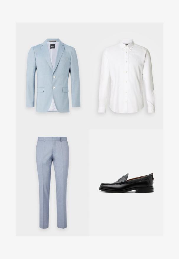 Helles blaues Blazer mit Reverskragen, zwei Fronttaschen und zwei Knöpfen. Hergestellt aus strukturiertem Stoff mit einem Innenfutter.; Weißes Langarmhemd mit Knopfleiste und Kragen mit Knöpfen, aus glattem Stoff, mit einem dezenten Logo auf der Brust und Knopfverschluss.; Hellblaue maßgeschneiderte Hosen mit einer glatten Stoffstruktur, flachem Bund, zwei Fronttaschen und einem schmalen Schnitt.; Schwarzer Leder-Herrenschuh mit Mokassinnaht, Penny-Riemen, strukturiertem Kragen und niedrigem gestapeltem Absatz auf weißem Hintergrund.