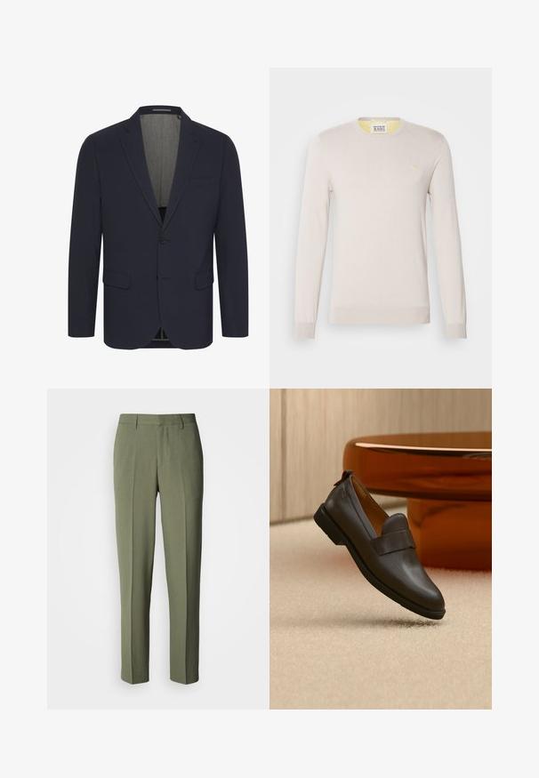 Mørkeblå blazer i et glat stof med ansteget revers, to forlommer, enkelt knaplukning og en lyse farvet inderfor.; Lys beige strikket sweater med lange ærmer, rund halsudskæring og subtile ribbede manchetter. Har et lille guld logo på brystet.; Olivengrønne bukser med et lige snit, der har en glat tekstur, enkeltliggende læg og ingen synlige detaljer eller hardware.; Mørkebrun læderloafer med lav hæl svævende over beige tæppe, ved siden af et blankt, afrundet bord i ravfarve.