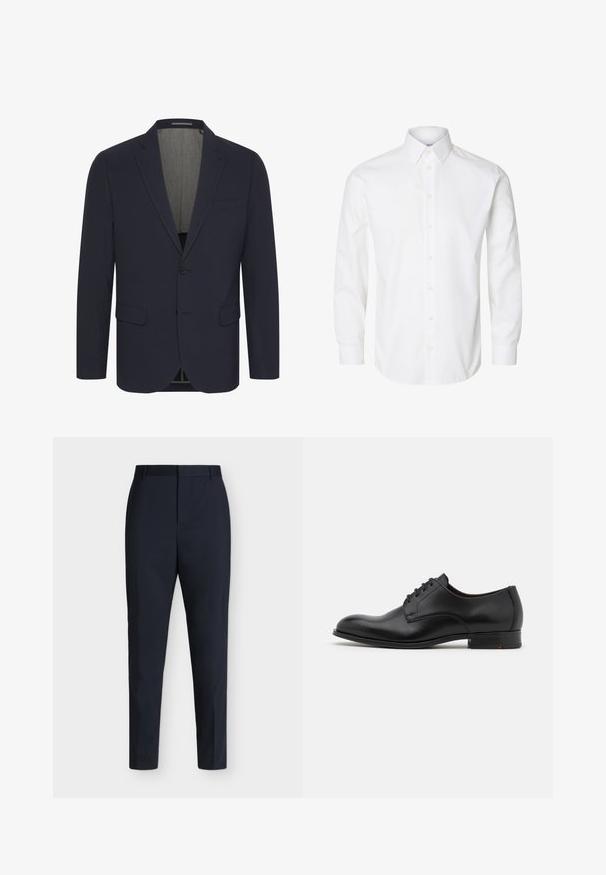 Mørkeblå blazer i et glat stof med ansteget revers, to forlommer, enkelt knaplukning og en lyse farvet inderfor.; Hvid skjorte med lange ærmer, knapper foran, spids krave og knappede manchetter.; Mørkeblå formelle bukser med slim pasform, bæltestropper og skjult frontlukning, vist fladt på en ensartet lys baggrund.; Sort læderherresko med rund tå, seks snørehuller, glat overflade og en lav stablet hæl. Med diskret syning detaljer.