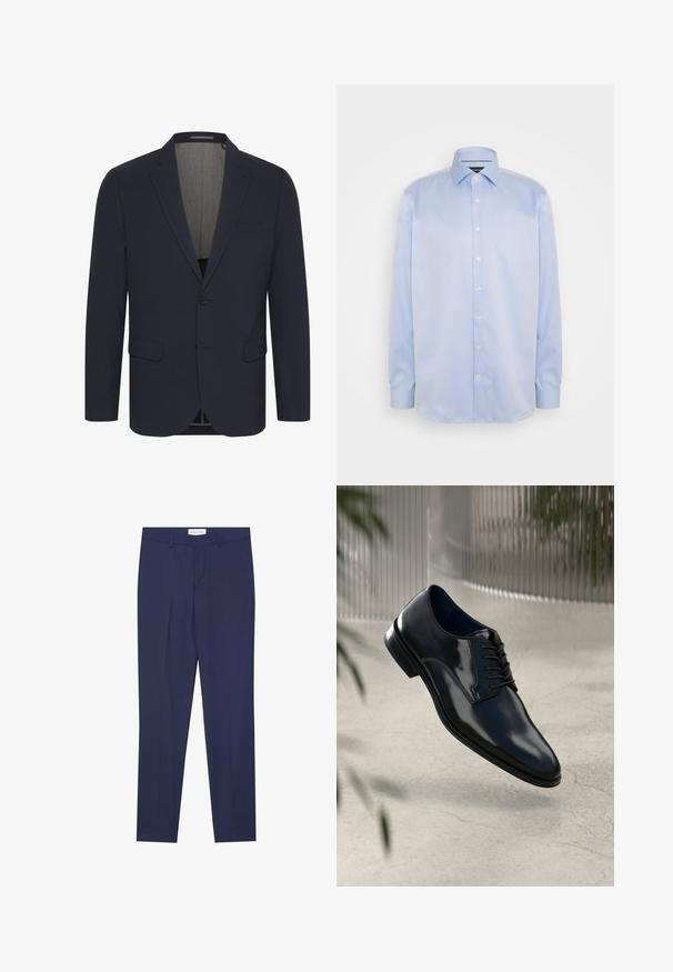 Mørkeblå blazer i et glat stof med ansteget revers, to forlommer, enkelt knaplukning og en lyse farvet inderfor.; Lindbergh Business skjorter - light blue; Marineblå bukser i glat stof med flad front, to sidelommer, lynlås i front og ren nederkant uden mønstre eller accenter.; Mørkeblå lædersko med poleret overflade, snøredesign, let buet tå og en glat tekstur.