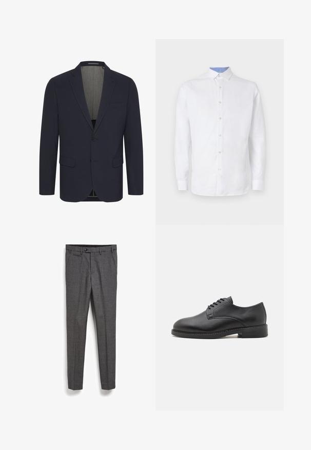 Blazer azul marino en una tela suave con solapas de muesca, dos bolsillos frontales, cierre de un solo botón y un forro interior de color claro.; Camisa blanca de manga larga con botones al frente, con un patrón a cuadros azul claro en el interior del cuello y los puños. Textura de tela suave.; Pantalones gris ajustados con una tela texturizada, bolsillo frontal y un diseño de pierna recta. Presentan un cierre de botón en la cintura.; Zapato oxford de cuero negro con punta redonda, que presenta un acabado suave, cierre de cordones con cinco ojales y un tacón bajo apilado.