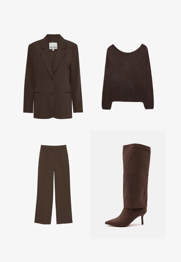 Blazer ajusté marron avec revers cranté, deux boutons à l'avant et deux poches discrètes ; tissu lisse avec une coupe structurée.; Pull en tricot marron avec un col dénudé, des manches longues et des poignets à côtes. Texture douce avec une finition de surface lisse.; Pantalon large marron avec un bouton à l'avant et une fermeture éclair dissimulée, présentant des plis marqués le long des jambes.; Botte haute en daim marron à bout pointu avec un talon moyen fin et une tige supérieure relâchée sur fond blanc.