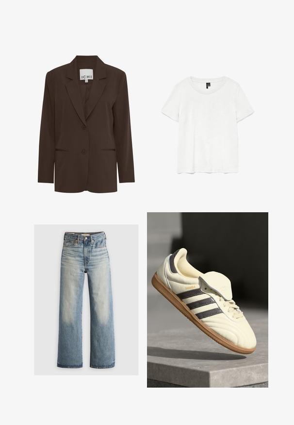 Blazer ajusté marron avec revers cranté, deux boutons à l'avant et deux poches discrètes ; tissu lisse avec une coupe structurée.; T-shirt blanc à manches courtes avec un col rond, fabriqué en tissu léger. Design simple, texture lisse et ourlet droit.; Jeans en denim bleu à jambes larges avec un délavage clair, taille haute, design à cinq poches et matériel en laiton. Accents décolorés à l'avant et à l'arrière.; Baskets en cuir crème avec trois bandes sombres, une semelle extérieure en gomme marron et un bout arrondi. Présentent une languette pliable étiquetée "SAMBA."