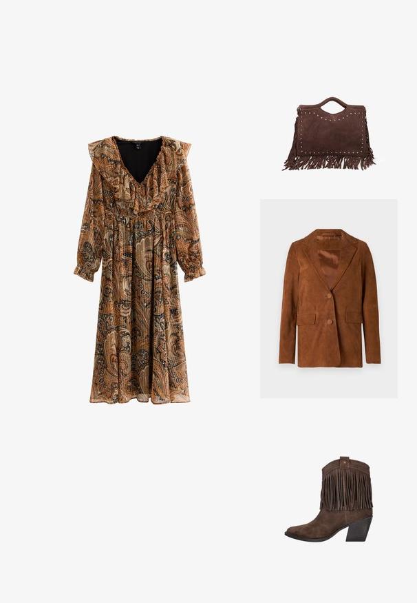 Bruine suède blazer met een notch-lapel, twee voorkezen, een enkele knoopsluiting en een soepele satijnen voering.; Lange, bruine paisley jurk met een geraffineerde halslijn en lange mouwen. Het patroon bevat zwarte, crèmekleurige en roestkleurige tinten; lichtgewicht, vloeiende stof.; Bruine suède enkellaarzen met franjes rond de schacht, een klein gouden sterdetail en een gestapelde blokhak.; Bruine suede handtas met franjes, zilveren studs langs de randen en een bovenhandvat met een open ontwerp.