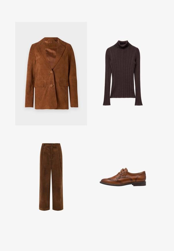 Brauner Wildlederblazer mit Reverskragen, zwei Vordertaschen, einer Knopfschließe und glatter Satinfütterung.; Dunkelbrauner gerippter Rollkragenpullover mit engem Kragen und langen Ärmeln, aus strukturiertem Stoff und geradem Saum.; Braune Corduroy-Hosen mit weitem Bein, strukturierter Oberfläche, gefaltetem Vorderteil und Reißverschluss. Verfügt über ein kleines Markenetikett am Bund.; Brauner Leder-Brogue Oxford-Schuh mit Flügelspitzen-Details, Perforationen, Schnürsenkeln und niedrigem gestapeltem Absatz auf weißem Hintergrund.