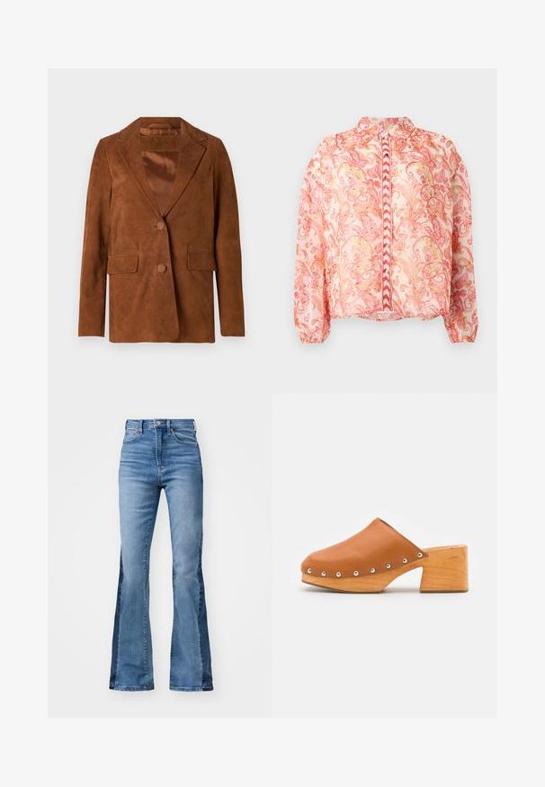 Bruine suède blazer met een notch-lapel, twee voorkezen, een enkele knoopsluiting en een soepele satijnen voering.; Transparante roze blouse met bloemenblaisers in rood en goud, ronde kraag, knoopsluiting aan de voorkant, elastische mouwen en rechte zoom.; Gap Tall 70S - Flared Jeans - medium indigo; ASRA JUDE - Clogs - spice tan