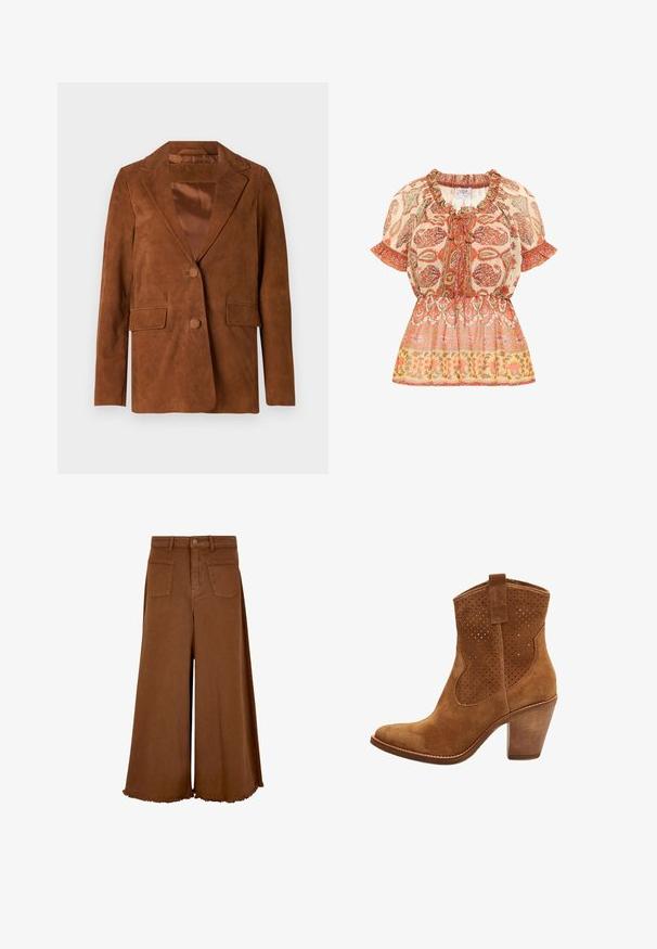 Brun ruskindjakke med slagkrave, to frontlommer, enkeltknap lukning og glat satinforing.; Bluse med en samlet halsudskæring og korte ærmer; har et blomster-paisley mønster i orange, hvidt og guldtoner, med en indsnævret talje.; Brune brede bukser med en frynset kant, lavet af bomuldsstof, med frontknaplukning og to baglommer.; Mellemhøj brun ruskind ankle støvle med perforeret overdel, rundet tå, trækflap og solid blokhæl.