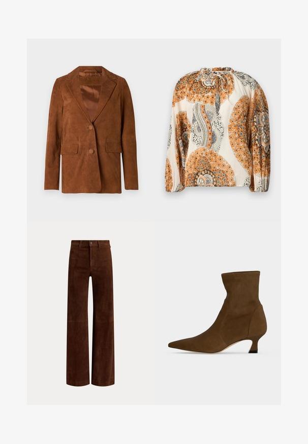Blazer en daim marron avec un col cranté, deux poches avant, fermeture à un bouton et doublure en satin lisse.; Blouse à manches longues avec encolure à cordon, présentant des motifs floraux et paisley orange, beige et gris sur un fond crème.; Pantalon droit en daim marron avec passants de ceinture et fermeture à bouton à la taille, présenté sur un fond uni.; Bottine marron à la cheville avec un bout pointu et un petit talon bas, fabriquée en matériau lisse, présentée sur un fond uni.