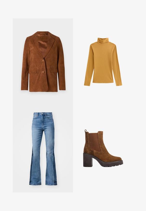 Bruine suède blazer met een notch-lapel, twee voorkezen, een enkele knoopsluiting en een soepele satijnen voering.; Mosterdgele coltrui van geribbelde stof, met lange mouwen en een nauwsluitend model. Soepele textuur met een hoge halslijn.; Gap Tall 70S - Flared Jeans - medium indigo; Bruine suède enkellaars met grove zwarte hak, elastisch zijpaneel en trekstreep aan de achterkant, zijaanzicht op witte achtergrond.