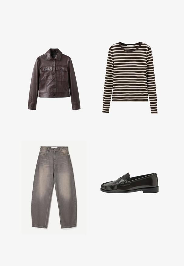 Veste en cuir marron foncé avec fermeture à boutons, deux poches poitrine à rabat avec boutons, manches longues et col classique.; Chemise noire à manches longues avec des rayures blanches horizontales et un col rond, posée à plat sur un fond blanc.; Jeans gris ample en denim, avec un léger délavage, un design à cinq poches, des passants de ceinture et une fermeture à bouton à la taille.; Mocassin homme noir en cuir verni, sans lacets, avec bout mocassin cousu et talon bas empilé, présenté de profil sur fond blanc.