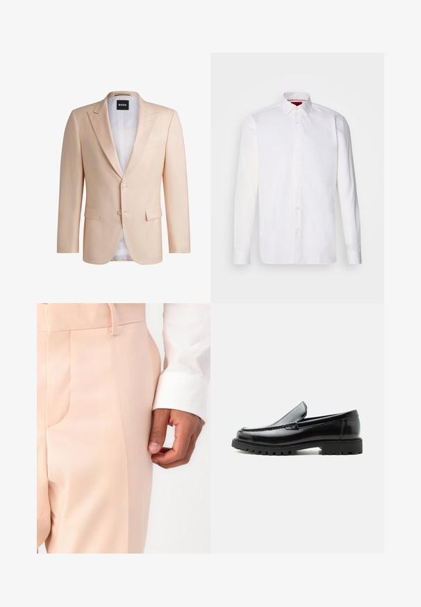 Veste de costume ajustée en pêche clair fabriquée en tissu lisse. Elle présente des revers crantés, deux boutons sur le devant et deux poches avant. Doublure blanche visible.; Chemise blanche à manches longues en coton, avec un col classique, une patte de boutonnage à l'avant et une texture lisse. Détail rouge à l'intérieur du col.; Pantalon sur mesure rose pâle avec une texture lisse, doté d'une poche latérale et d'une boucle de ceinture, associé à un poignet de chemise blanche.; Mocassin en cuir noir avec semelle en caoutchouc épaisse, dessus cousu et nom de marque embossé sur le talon, présenté de profil sur fond blanc.