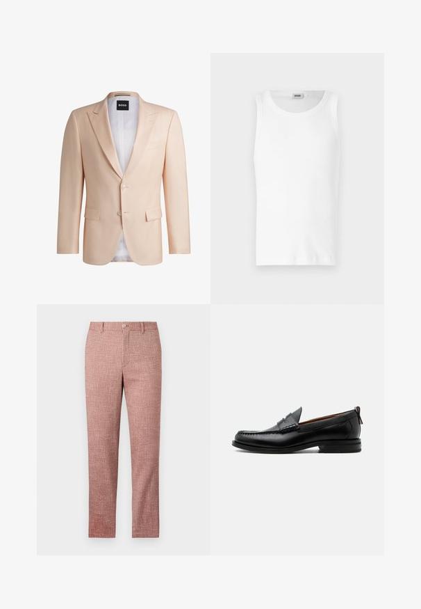 Veste de costume ajustée en pêche clair fabriquée en tissu lisse. Elle présente des revers crantés, deux boutons sur le devant et deux poches avant. Doublure blanche visible.; Débardeur en coton blanc sans manches avec un col rond et une texture lisse. Design simple, sans motifs ni accents.; Pantalons rouges texturés avec une coupe droite, poches avant et fermeture par bouton. Le tissu présente un motif tissé pour un détail supplémentaire.; Mocassin homme en cuir noir avec couture moc toe, bride penny, col texturé et petit talon empilé sur fond blanc.