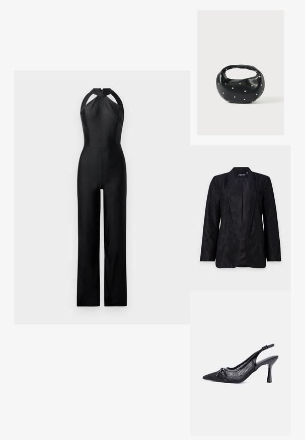 Sort blondejakke med et tekstureret blomsterdesign, åben front og lange ærmer. Glat satinforing er synlig.; Sort jumpsuit med halterneck, med udskæringer, tætsiddende top og vide ben. Lavet af glat, strækbart stof.; Sort spids slingback højhælet sko med mesh bikagemønster og lille dekorativ sløjfe foran.; Sort læderhåndtaske med en rundet form, dekoreret med sølvnitter, og et kort håndtag. Glat tekstur og lynlåslukning.