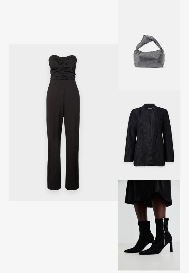Blazer en dentelle noire avec un motif floral texturé, design à ouverture frontale et manches longues. Doublure intérieure en satin lisse visible.; Combinaison noire sans bretelles avec un tissu froncé au niveau du buste, un design à jambe droite et une texture lisse avec une fermeture éclair à l'arrière.; Bottines noires avec un corps en tissu extensible, un bout pointu et une fermeture éclair sur le côté, montées sur un talon slim et haut.; Sac à main noir et argent avec une surface texturée affichant un motif en diamant, une anse nouée et une forme structurée.