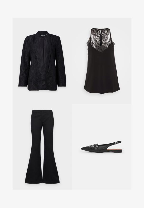 Blazer en dentelle noire avec un motif floral texturé, design à ouverture frontale et manches longues. Doublure intérieure en satin lisse visible.; Camisole noire avec des détails en dentelle au niveau du décolleté en V et du dos. Dispose de bretelles ajustables et d'une texture de tissu lisse. Coupe regular.; Pantalons évasés noirs en tissu lisse, dotés d'un haut ajusté et de jambes larges, sans ornements visibles ni poches.; Chaussure plate noire en cuir avec un bout pointu, dotée de deux lanières horizontales et de boucles carrées en argent, avec un faible talon et une texture lisse.