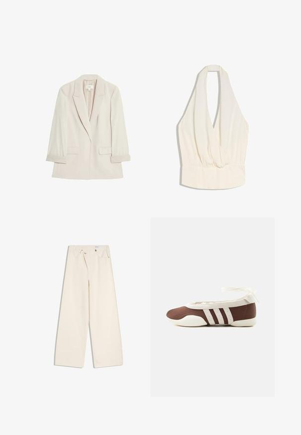 Lys beige blazer lavet af glat stof, med en enkelt knaplukning, notch-lapel krave og to frontlommer med foldede manchetter.; Fløjlsfarvet top med halterneck, uden ærmer, med dyb V-udskæring og detaljer med elastisk, rynket talje.; Off-white bukser med vidde i benene, foranlommer, bærestropper og sølvknapper på linningen og lommekanter.; Brun og hvid balletflad sko med tre hvide striber og ankelbånds sløjfe på en ensartet lys baggrund.