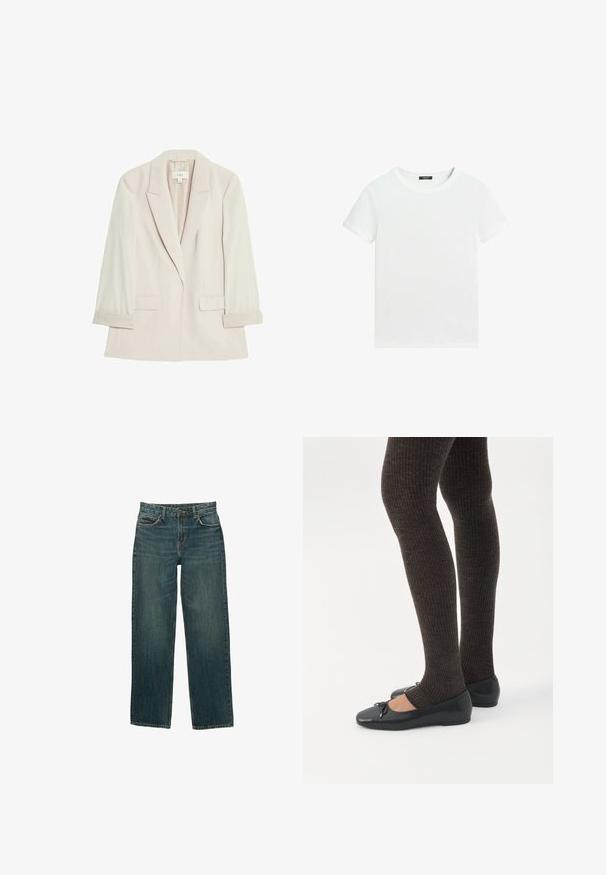 Lys beige blazer lavet af glat stof, med en enkelt knaplukning, notch-lapel krave og to frontlommer med foldede manchetter.; Almindelig hvid T-shirt med korte ærmer, rund halsudskæring og lille sort label inden i kraven.; Blå denim jeans med lige ben, fem lommer og guld syninger. Stof har en subtil bleget tekstur.; Ben iført mørke ribbede leggings kombineret med sorte balletsko med små sløjfedetaljer på hvid baggrund.