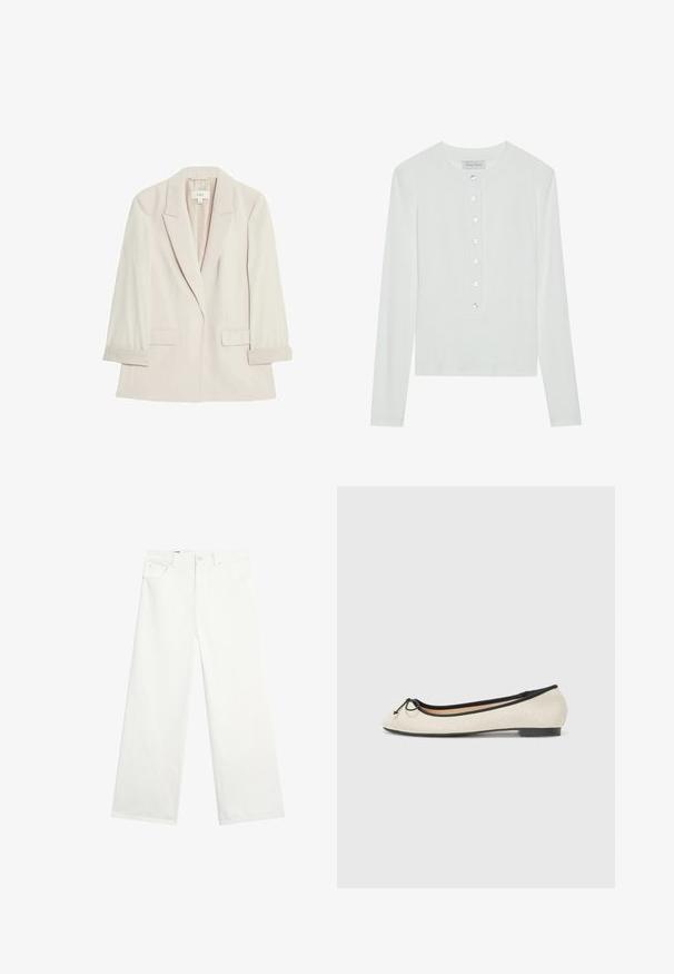 Blazer beige clair en tissu lisse, avec une fermeture à un bouton, des revers crantés et deux poches avant avec des poignets repliés.; Haut à manches longues blanc en tissu côtelé, avec un col rond et un devant boutonné comportant six boutons transparents.; Pantalon blanc à jambes larges avec poches avant, passants de ceinture et fermeture par bouton à la taille, présenté sur fond blanc uni.; Ballerine en textile beige avec une bordure noire. Affiche un bout arrondi et un petit nœud en accent sur le devant. Semelle basse.