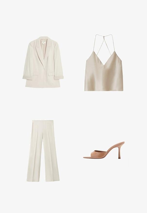 Blazer beige clair en tissu lisse, avec une fermeture à un bouton, des revers crantés et deux poches avant avec des poignets repliés.; Camisole en satin beige avec un décolleté en V profond et de fines bretelles spaghetti croisées dans le dos.; Pantalon à jambes larges en tissu beige clair avec plis devant. Texture lisse et design sur mesure pour une coupe décontractée. Pas de fermetures visibles ni d'accents.; Mules à talons hauts en cuir verni couleur nude, avec une tige lisse et incurvée et un bout ouvert. Caractéristiques : talon aiguille et design minimaliste.