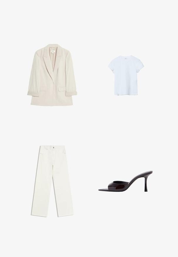 Lys beige blazer lavet af glat stof, med en enkelt knaplukning, notch-lapel krave og to frontlommer med foldede manchetter.; Lyseblå T-shirt med korte ærmer og rund hals lagt fladt på hvid baggrund.; Hvide jeans med højt liv og lige ben, med forlommer og knaplukning på hvid baggrund.; Sort laklæder mule med åbent tåparti, slank mellemhøj stilethæl og lavt skåret overskrivebånd.