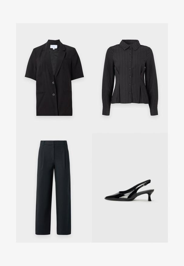 Blazer noir à manches courtes avec revers, deux boutons sur le devant et poches passepoilées, présenté à plat sur fond blanc.; Blouse noire à manches longues avec fines rayures verticales blanches, fermeture boutonnée devant, col pointu et plis cintrés à la taille.; Pantalon noir ajusté avec une coupe droite, présentant des plis avant, une texture lisse et des passants de ceinture. Pas de poches visibles.; Escarpins en cuir verni noir avec un bout pointu et un petit talon carré. Sangle réglable à la cheville avec boucle.