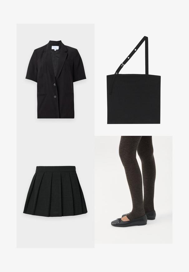 Blazer noir à manches courtes avec revers, deux boutons sur le devant et poches passepoilées, présenté à plat sur fond blanc.; Débardeur noir à côtes avec une bretelle ajustable muni de matériel en métal. Design simple avec un décolleté droit et une texture lisse.; Jupe plissée noire en tissu texturé. Dispose d'une taille et d'un léger motif écossais tout au long. Longueur courte avec des plis superposés.; Jambes portant des leggings côtelés foncés associés à des ballerines noires avec de petits détails en nœud sur fond blanc.