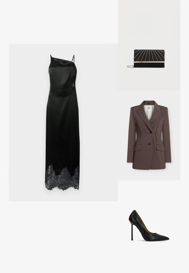 Blazer marron cintré avec deux boutons noirs, coutures structurées à la taille, revers crantés et deux poches à rabat frontales.; Robe en satin noir avec une épaule dénudée, dotée d'un ourlet en dentelle festonné et d'un détail en dentelle florale sur le côté. Texture lisse sur l'ensemble.; Escarpin en cuir noir à talon haut avec un bout pointu et un talon aiguille fin, présenté de profil sur fond blanc.; Pochette noire à la texture lisse, ornée de lignes cloutées argentées rayonnant depuis le centre, avec un fermoir en métal argenté et une bandoulière chaîne.