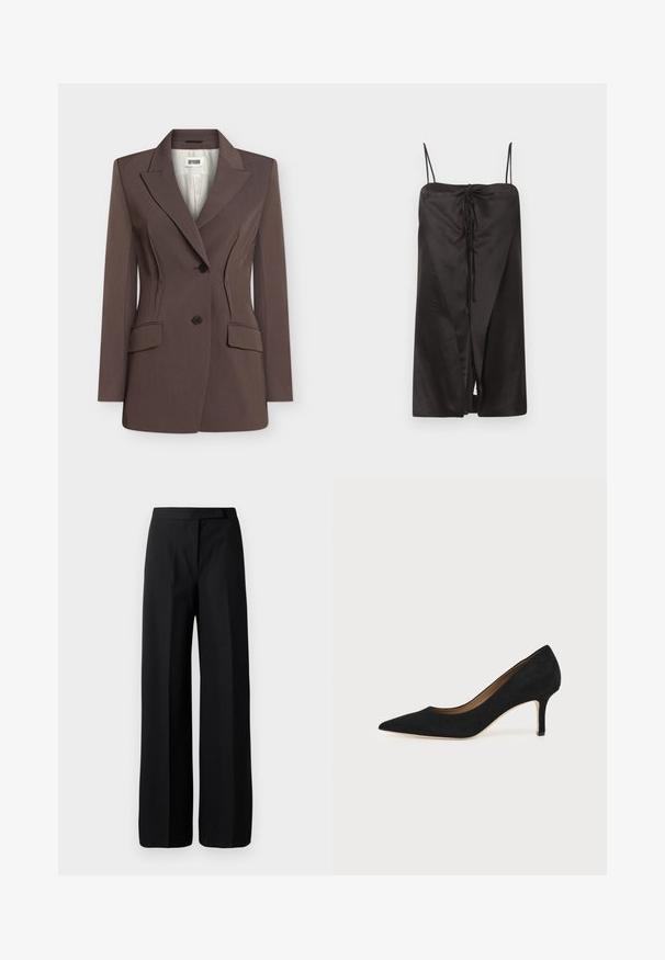 Blazer marron cintré avec deux boutons noirs, coutures structurées à la taille, revers crantés et deux poches à rabat frontales.; Robe midi en satin noir avec fines bretelles spaghetti et un détail noué à l’avant formant une fente subtile, présentée sur un fond clair uni.; Pantalons noirs à jambe large avec une texture lisse et mate. Ceinture plate sans matériel ni motifs visibles. Design simple et élégant.; Escarpin en daim noir à bout pointu avec un talon stiletto fin de hauteur moyenne et un design à coupe basse sur un fond uni.