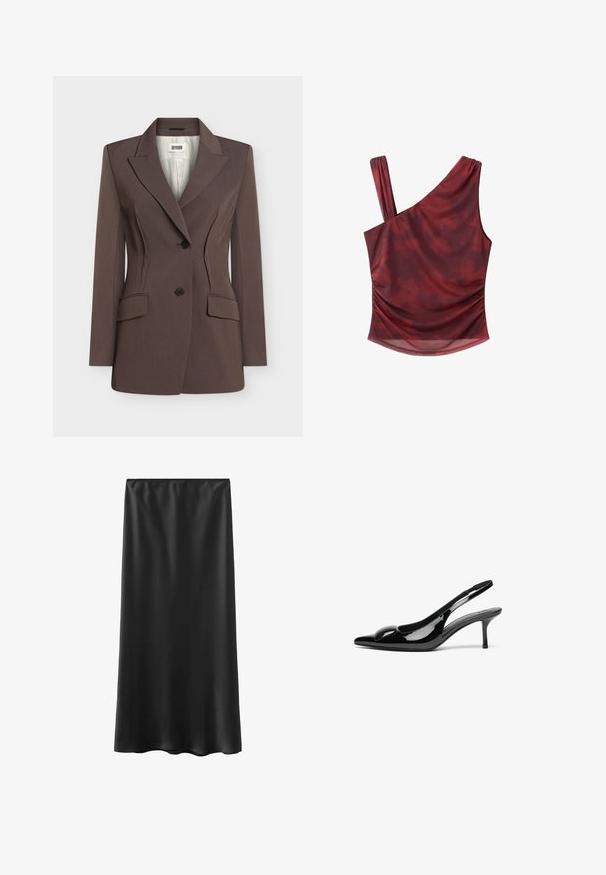 Blazer marron cintré avec deux boutons noirs, coutures structurées à la taille, revers crantés et deux poches à rabat frontales.; Top en maille rouge asymétrique, sans manches, avec un motif floral sombre subtil et des côtés froncés.; Jupe noire longue jusqu'au sol, fabriquée en matière lisse et légère, avec une taille élastique et un design simple. Aucun motif ou accent visible.; Escarpins slingback en cuir verni noir avec un bout pointu et une finition brillante. Présente un talon fin et un accent arrondi au dessus du pied.