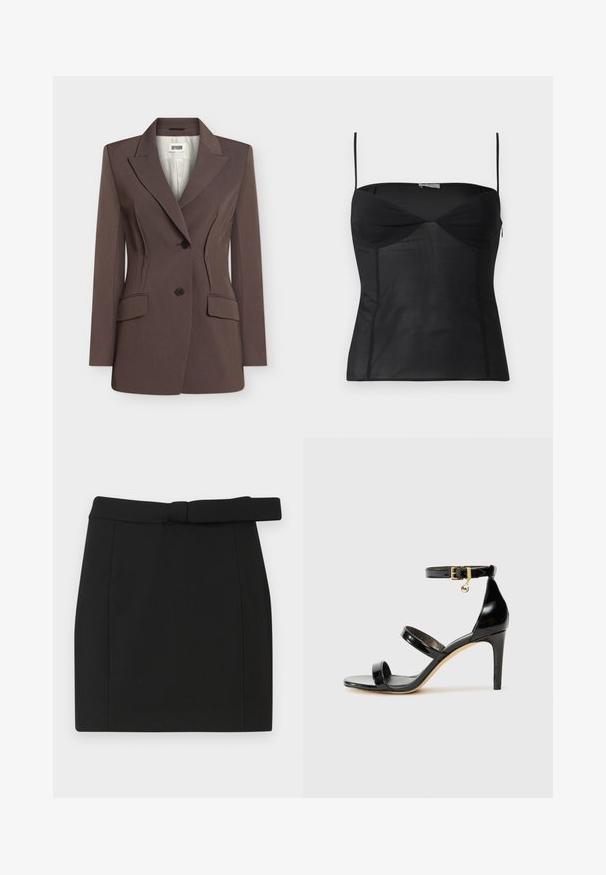 Blazer marron cintré avec deux boutons noirs, coutures structurées à la taille, revers crantés et deux poches à rabat frontales.; Haut noir ajusté sans manches avec fines bretelles, encolure en cœur et détails de coutures sur un fond blanc uni.; Mini-jupe noire en tissu lisse, dotée d'une ceinture à la taille, de coupe droite et de coutures nettes sans motifs ou ornements supplémentaires.; Sandale en cuir verni noir avec trois brides, boucle de cheville et talon aiguille de 10 cm. Présente un détail en métal doré et un charm logo.