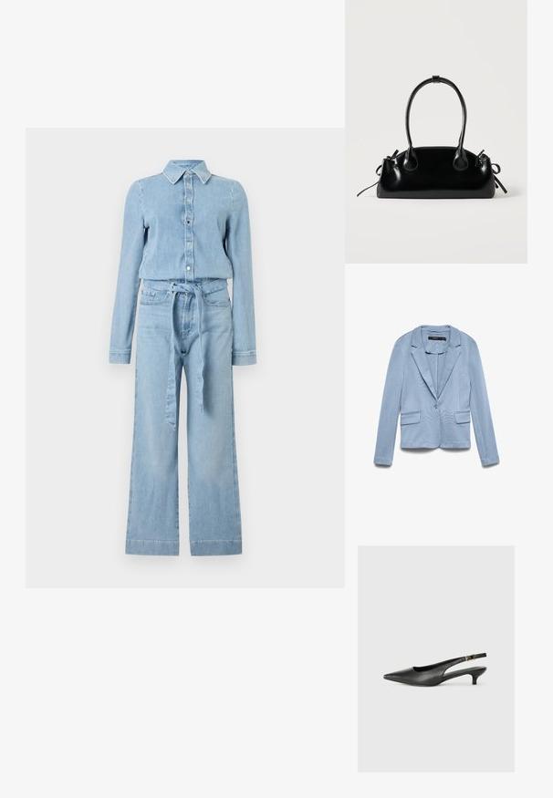 Blazer bleu clair ajusté avec col à revers, fermeture par un bouton, manches longues et deux poches avant à rabat.; Combinaison en denim bleu clair à manches longues, fermeture boutonnée sur le devant, col pointu, jambes larges, et ceinture en tissu assorti nouée à la taille.; Chaussure slingback noire à bout pointu en cuir lisse. Présente un talon fin et un détail de boucle sur la sangle réglable.; Petit sac à main noir brillant avec deux longues anses et des détails à cordon sur les côtés sur un fond clair uni.