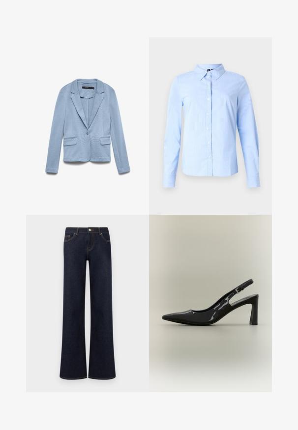 Blazer bleu clair ajusté avec col à revers, fermeture par un bouton, manches longues et deux poches avant à rabat.; Chemise bleu clair à manches longues avec fines rayures blanches et col pointu, présentée sur un fond uni.; Jean en denim bleu foncé à jambes larges avec poches avant, fermeture par bouton et fermeture éclair, et coutures contrastantes visibles.; Escarpin slingback en cuir verni noir, bout pointu, talon bloc de hauteur moyenne et bride ajustable avec boucle.