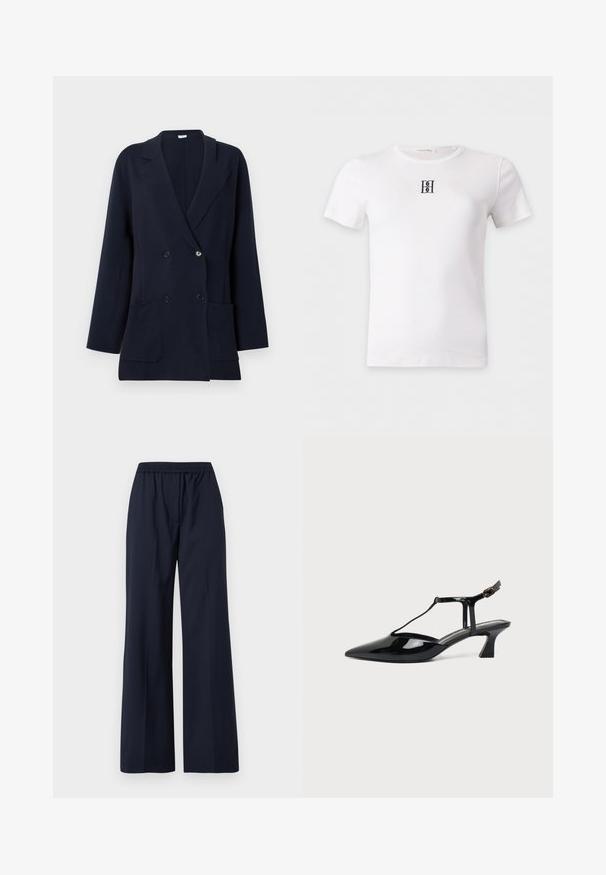 Blazer bleu marine croisé avec larges revers, manches longues, poches avant et boutons noirs sur fond blanc.; T-shirt blanc à manches courtes avec un petit logo noir brodé au centre de la poitrine et un col rond.; Pantalon large bleu marine avec une ceinture élastique et un devant lisse, présenté sur un fond blanc.; Chaussure slingback en cuir verni noir à bout pointu avec bride en T et petit talon bloc incliné sur fond blanc.