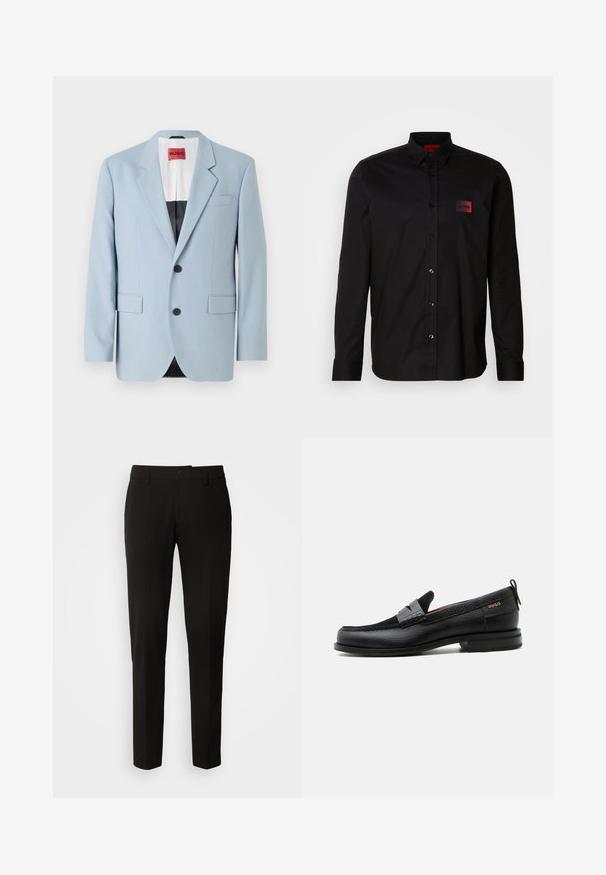 Blazer bleu clair, à un bouton, deux boutons, revers crantés, poches avant, intérieur avec doublure noire, texture de tissu lisse.; Chemise noire à manches longues en tissu lisse, dotée d'une fermeture à boutons, d'un col classique et d'un petit patch de marque rouge sur la poitrine.; Pantalons noirs avec un design à jambes droites, dotés d'une fermeture à boutons, de passants de ceinture et d'une texture de tissu lisse. Pas de motifs ou d'accents visibles.; Mocassin en cuir noir avec détail de bride grise, talon bas et semelle texturée, marqué "HUGO" en or sur le côté.