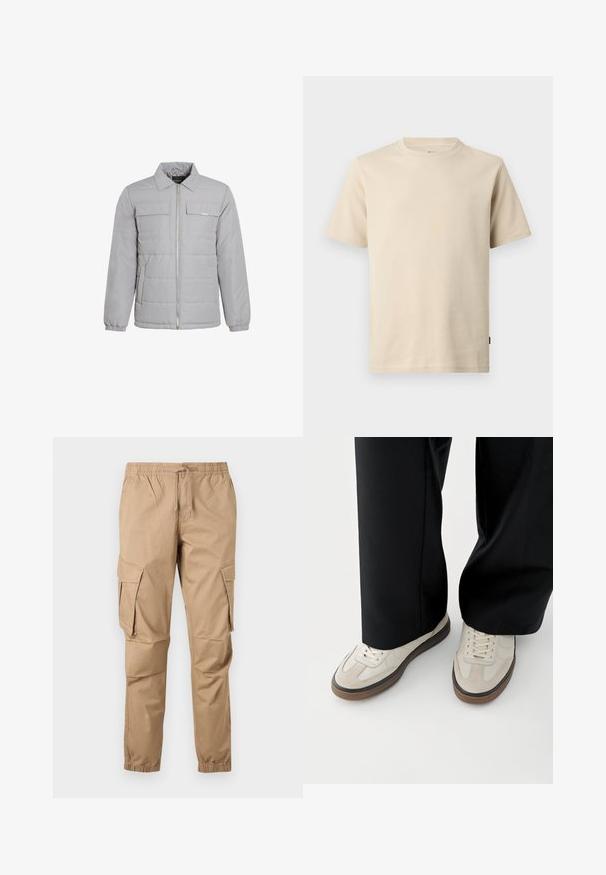 Veste zippée gris clair avec un col, deux poches poitrine, des poignets élastiques, une texture matelassée et des éléments en métal argenté.; T-shirt beige à manches courtes et col rond en coton avec couture minimale et petit logo ton sur ton sur le côté gauche de la poitrine.; Pantalon cargo beige avec ceinture élastique, cordon de serrage, poches latérales à rabat et poignets élastiques, présenté sur un fond clair.; Pieds portant des baskets beige avec des semelles marron et un pantalon noir à jambes larges sur fond blanc.