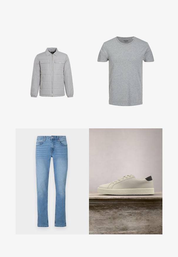 Veste zippée gris clair avec un col, deux poches poitrine, des poignets élastiques, une texture matelassée et des éléments en métal argenté.; T-shirt gris à manches courtes en coton doux. Doté d'un col ras du cou classique et d'une coupe régulière. Design simple sans motifs ni accents.; Jean en denim bleu clair avec une coupe droite, cinq poches, fermeture par boutons et un léger effet délavé sur le devant.; Baskets blanches avec semelle texturée et détail noir au talon, flottant au-dessus d'un banc en bois avec de hautes herbes vertes en arrière-plan.
