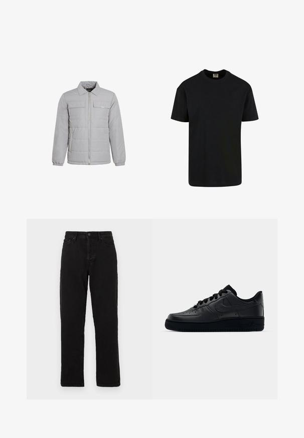 Veste zippée gris clair avec un col, deux poches poitrine, des poignets élastiques, une texture matelassée et des éléments en métal argenté.; Urban Classics SHORTSLEEVE - T-shirt basique - black; Jeans en denim noir avec une coupe droite, dotés d'une fermeture à bouton, de passants de ceinture et d'un style à cinq poches classique.; Baskets Nike Air Force 1 noires avec un dessus en cuir lisse, bout perforé pour la respirabilité, lacets noirs et semelle en caoutchouc texturé.