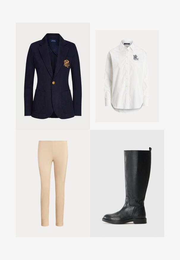 Veste bleu marine avec bouton doré, deux poches avant et logo brodé en or sur la poche poitrine gauche.; Chemise blanche à manches longues boutonnée avec col pointu et logo noir brodé sur la poitrine gauche.; Pantalon beige slim fit longueur cheville avec une finition lisse, sans poches visibles ni ornements, sur un fond uni.; Bottes noires en cuir jusqu'au genou avec une texture lisse, bout arrondi, coutures minimales et un petit talon carré. Conçues avec une languette pour un enfilage facile.
