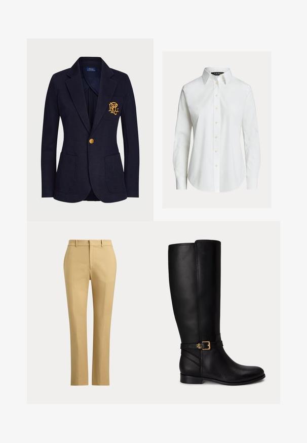 Veste bleu marine avec bouton doré, deux poches avant et logo brodé en or sur la poche poitrine gauche.; Chemise blanche à manches longues avec col pointu, boutons sur le devant et ourlet légèrement incurvé.; Pantalon beige droit avec passants de ceinture, fermeture éclair à l'avant et plis sur mesure sur un fond clair uni.; Botte noire en cuir montante jusqu'au genou avec talon bas, boucle dorée et petit logo embossé sur la sangle latérale.