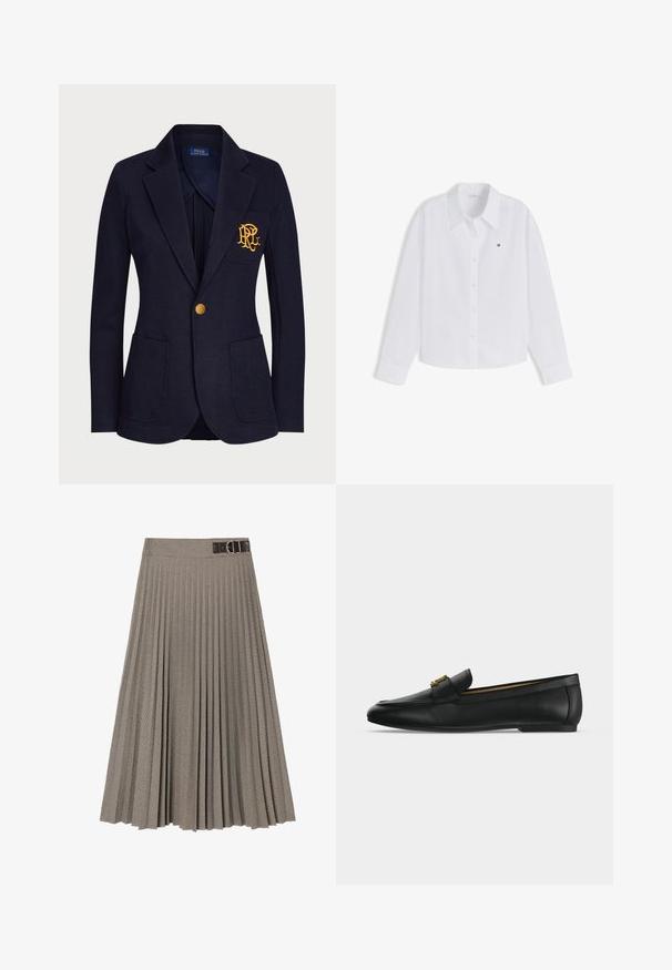 Blazer navy en tissu texturé avec un bouton doré et un logo brodé sur la poche poitrine. Comprend deux poches avant.; Chemise blanche à manches longues avec col et petit logo Tommy Hilfiger sur la poitrine gauche.; Jupe plissée à motif à carreaux, dotée d'une ceinture sombre avec une boucle. Fabriquée à partir d'un tissu texturé dans des teintes de brun et de crème.; Chaussure mocassin en cuir noir avec un détail boucle en métal doré sur le dessus, semelle plate et couture le long du bord supérieur.
