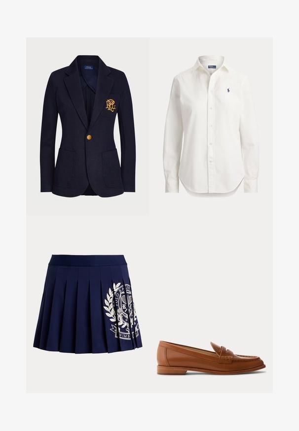 Veste bleu marine avec bouton doré, deux poches avant et logo brodé en or sur la poche poitrine gauche.; Chemise blanche à manches longues avec boutons, col et petit logo bleu d’un joueur de polo sur la poitrine gauche.; Jupe plissée bleu marine avec une large ceinture et un logo blanc à thème tennis sur le bas à droite.; Mocassin en cuir marron avec petit talon en bois, bride classique pour pièce et détails cousus le long de la pointe et des côtés.