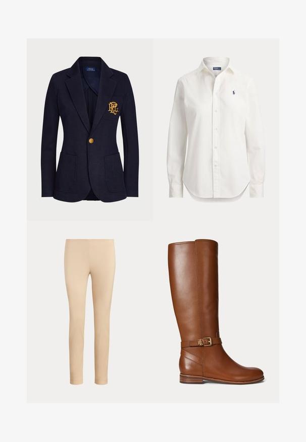 Veste bleu marine avec bouton doré, deux poches avant et logo brodé en or sur la poche poitrine gauche.; Chemise blanche à manches longues avec boutons, col et petit logo bleu d’un joueur de polo sur la poitrine gauche.; Pantalon beige slim fit longueur cheville avec une finition lisse, sans poches visibles ni ornements, sur un fond uni.; Botte en cuir marron montant jusqu’au genou avec une petite boucle dorée et le logo "RL" sur la sangle près de la cheville, talon plat et finition lisse.