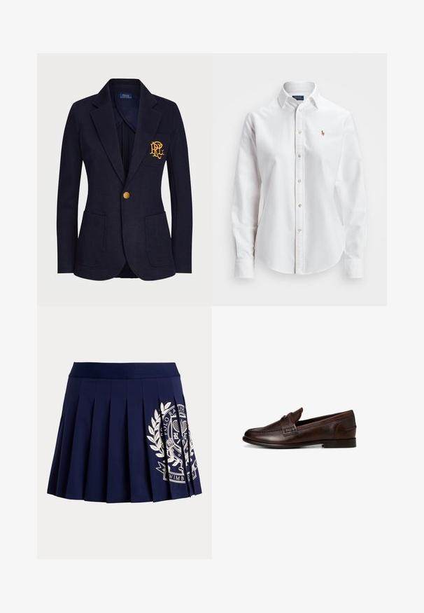 Marineblauw colbert met gouden knoop, twee voorzakken en goud geborduurd logo op de linkerborstzak.; Witte, lange mouwen, button-up overhemd van katoen, met een klassieke kraag en een klein geborduurd logo op de borst.; Marineblauwe geplooide rok met brede tailleband en wit tennis-thema wapenlogo aan de rechteronderkant.; Donkerbruine leren herensloffen met lage hak en decoratieve band over de wreef, zijaanzicht op een witte achtergrond.
