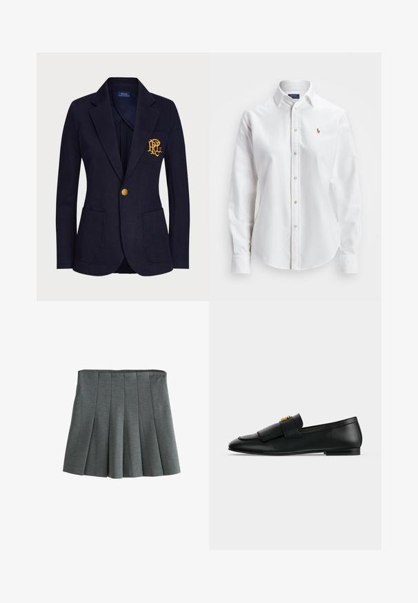 Blazer azul marino con botón dorado, dos bolsillos delanteros y logotipo bordado en oro en el bolsillo izquierdo del pecho.; Camisa de botones de manga larga blanca hecha de algodón, con un cuello clásico y un pequeño logo bordado en el pecho.; Falda gris plisada hecha de tejido ligero, con una cintura ajustada y pliegues estructurados que crean una silueta acampanada.; Mocasín negro de cuero con solapa frontal con flecos y una pequeña hebilla dorada sobre un fondo gris claro liso.