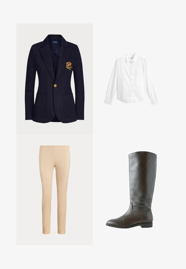 Marineblå blazer med guldknap, to forlommer og guldbroderet logo på venstre brystlomme.; Hvid langærmet skjorte med krave, syv knapper og tætsiddende manchetter, vist på en ensfarvet hvid baggrund.; Beige slim-fit ankellange bukser med en glat finish og uden synlige lommer eller pynt på en ensfarvet baggrund.; Brun læder knæhøj støvle med en glat overflade, rund tå og minimal syning. Sålen er flad med en lav hæl.