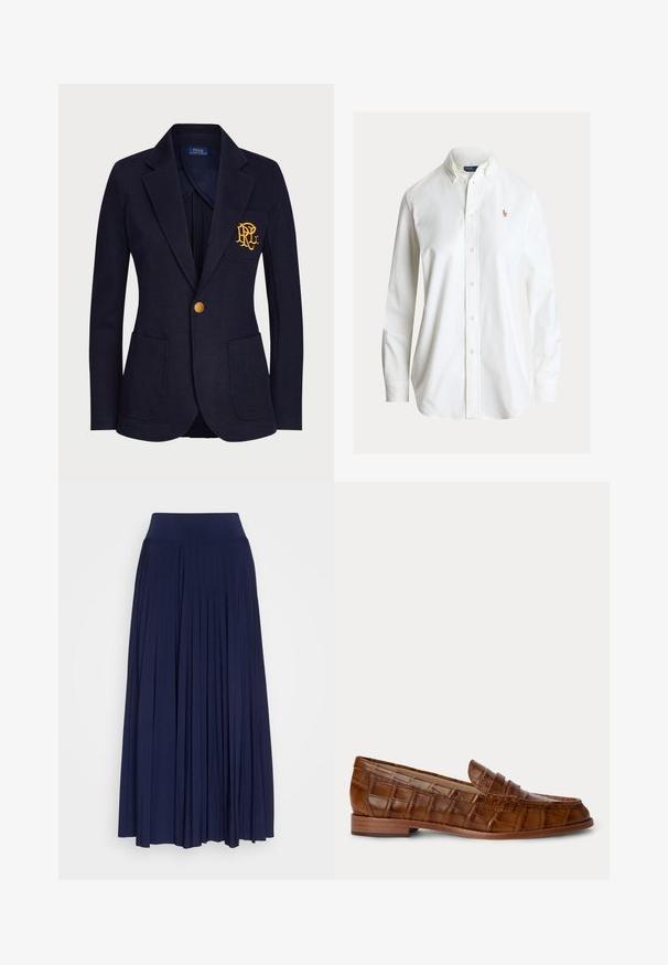 Blazer navy en tissu texturé avec un bouton doré et un logo brodé sur la poche poitrine. Comprend deux poches avant.; Chemise blanche à manches longues avec boutons, col boutonné et petit logo brodé de joueur de polo sur la poitrine gauche.; Jupe plissée marine en tissu doux, dotée d'une large ceinture confortable et d'un design fluide avec des plis verticaux sur toute sa longueur.; Mocassin en cuir marron avec motif crocodile, talon en bois bas et une bride sur le dessus, présenté sur un fond uni.