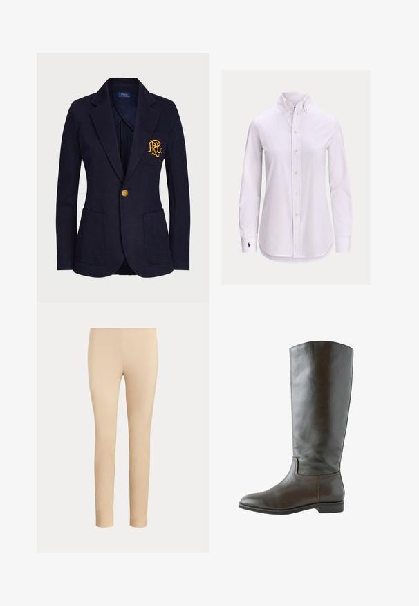 Marineblå blazer med guldknap, to forlommer og guldbroderet logo på venstre brystlomme.; Hvid langærmet skjorte med knapper foran, knappet krave og lille broderet logo på venstre manchet.; Beige slim-fit ankellange bukser med en glat finish og uden synlige lommer eller pynt på en ensfarvet baggrund.; Brun læder knæhøj støvle med en glat overflade, rund tå og minimal syning. Sålen er flad med en lav hæl.