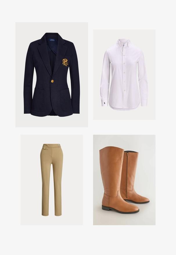 Veste bleu marine avec bouton doré, deux poches avant et logo brodé en or sur la poche poitrine gauche.; Chemise blanche à manches longues avec col boutonné et petit logo brodé sur le poignet gauche.; Pantalons slim beige pour femmes avec taille haute, deux boutons sur le côté et une petite poche à rabat boutonnée près de la taille.; Bottes de cheval en cuir marron, hautes, avec un design épuré, bout arrondi et une fermeture éclair sur le côté pour un enfilage facile. Semelles plates et détails de couture minimaux.