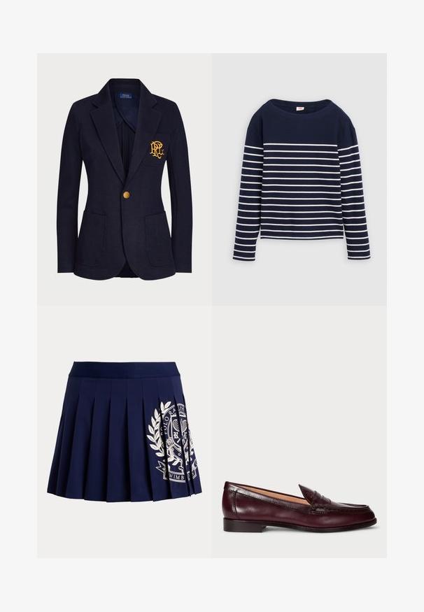 Marineblå blazer med guldknap, to forlommer og guldbroderet logo på venstre brystlomme.; Levi's® MARIN STRIPE - Langærmet T-shirt - navy/egret; Marineblå plisseret nederdel med bred linning og hvid tennisinspireret logo på nederste højre side.; Bordeaux lær loafers med en glat finish, rund tå, dekorativ syning og en lav hæl. Indersiden har en blød beige foring.