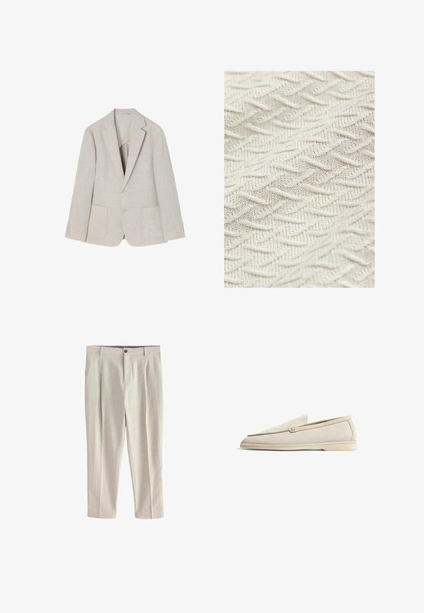 Blazer de lino beige claro con solapa de muesca, dos bolsillos frontales, cierre de doble botón y acentos de cuatro botones en las mangas.; Tela texturizada de color crema, con un patrón de zigzag y hilos elevados para aportar profundidad y dimensión. Textura ligera y suave.; Next REGULAR TAPERED FIT - PREMIUM HERRINGBONE WITH ELASTICATED WAIST - Pantalones chinos - neutral; Scarosso LUDOVICO - Zapatos sin cordones - sand suede